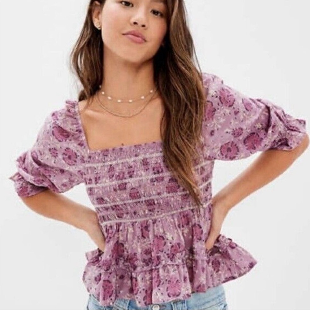 American Eagle Outfitters Lavender Floral Smocked Peplum Blouse